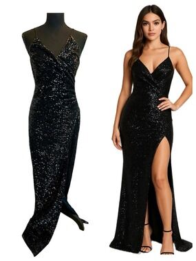 Black Sequin embellished Spaghetti Strap V-neck Formal Evening Gown high slit 8